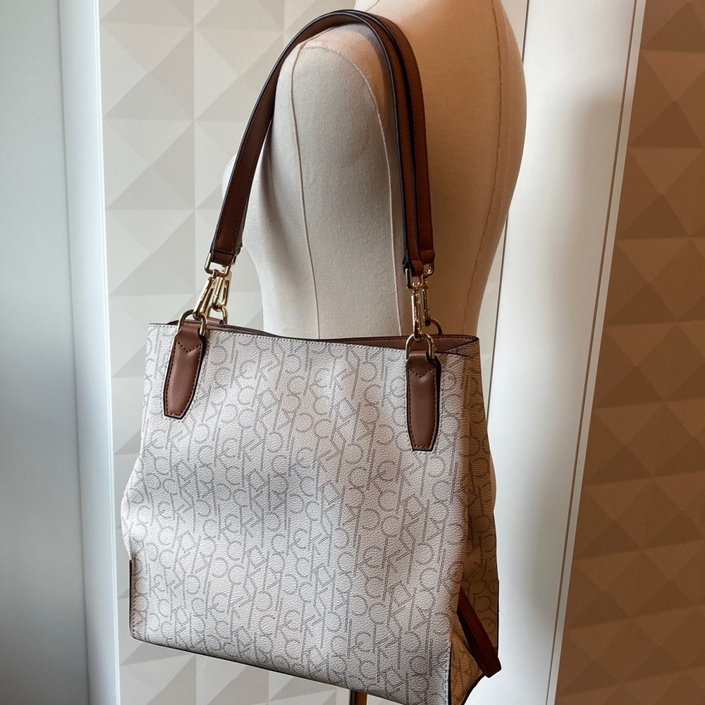 Calvin Klein Signature Monogram Tote Shoulder Bag with Gold Hardware